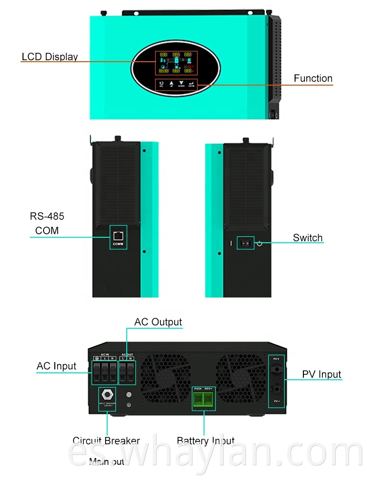 Whaylan Sistema de energía solar de alta calidad Híbrida Interior 2kW Alta eficiencia fuera del inversor solar con controlador solar MPPT